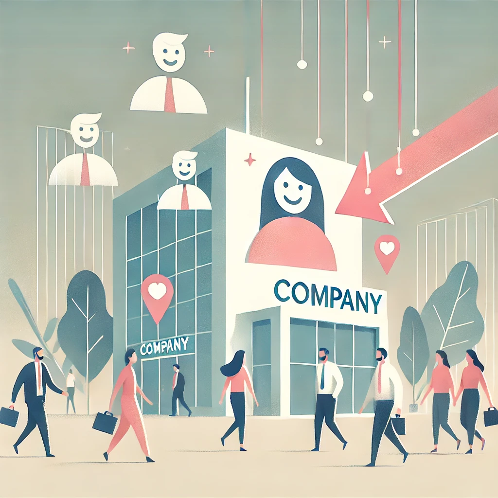 A minimalistic flat illustration style showing a company attracting talents. The company is represented as a modern building or abstract structure, with figures (representing talents) being drawn towards it. The figures are shown walking or moving in with smiles, depicted as simple geometric shapes, while the company exudes a welcoming and dynamic atmosphere. Soft, pastel colors are used, and the overall design conveys a sense of innovation, opportunity, and growth. Abstract elements like arrows or lines may suggest movement or attraction towards the company.